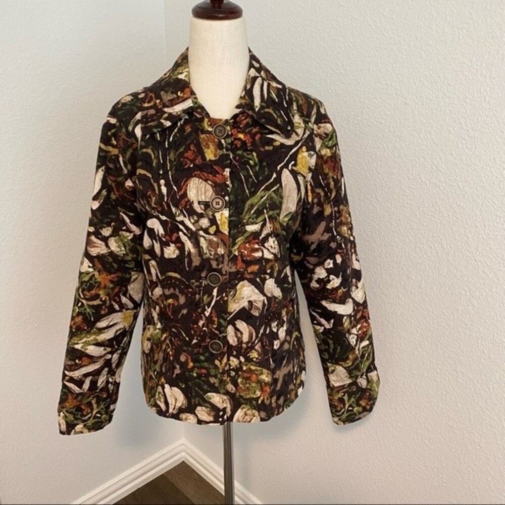 CHICO'S Abstract Floral Pattern Blazer Bomber Jacket Brown 2 Pockets SZ 8
